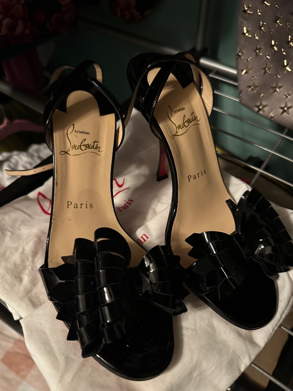 Christian Louboutin Black Patent Ruffle Slingback Heels
